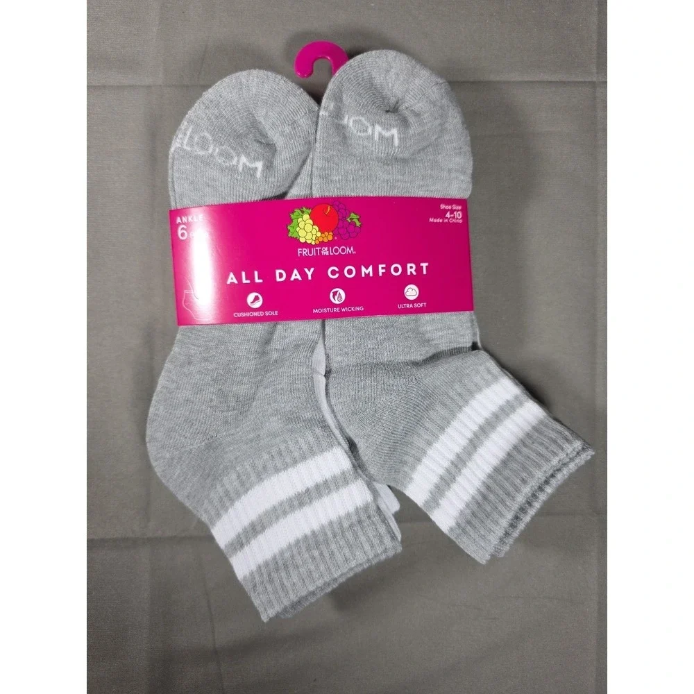 Women's Striped 6 Pair Ankle Socks - Fruit of The Loom - Gray Black White 4 - 10